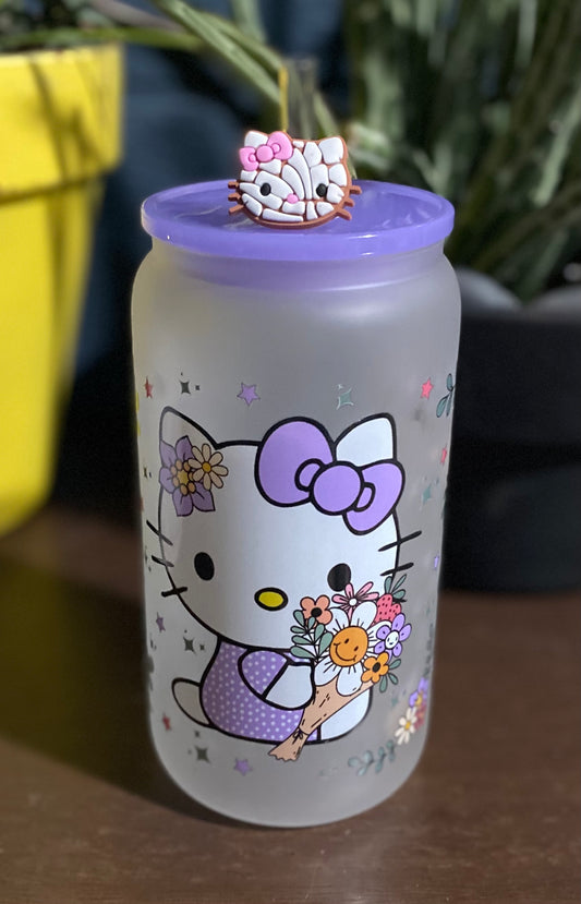 16 Oz Frosted Libby cup with plastic lid and reusable straw Kitty