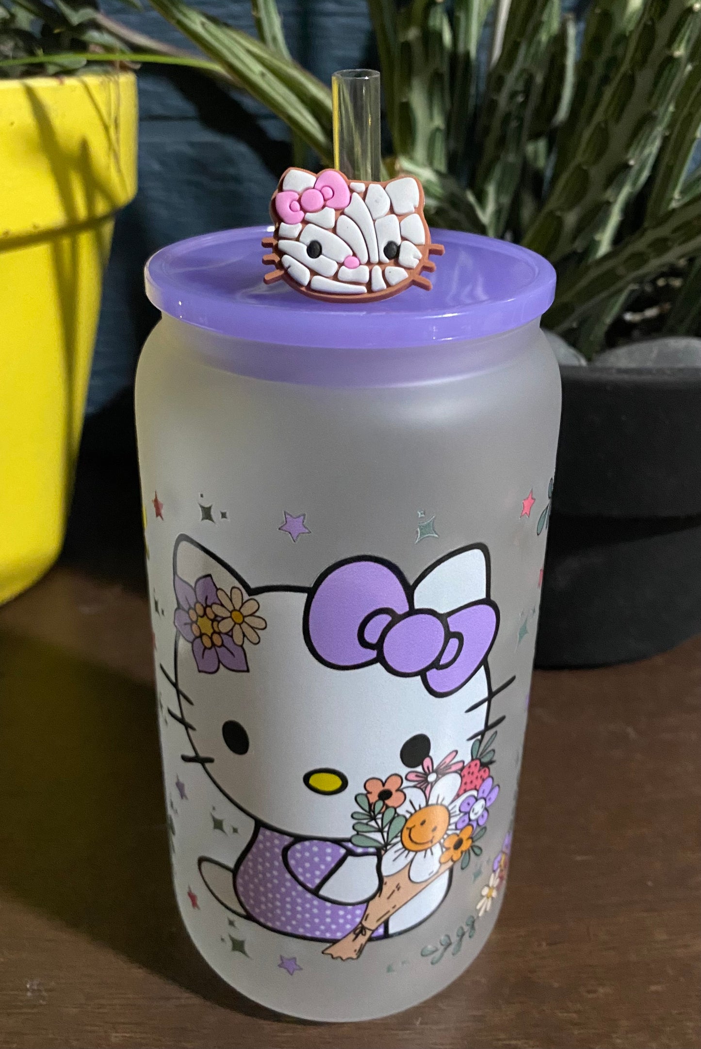 16 Oz Frosted Libby cup with plastic lid and reusable straw Kitty ...